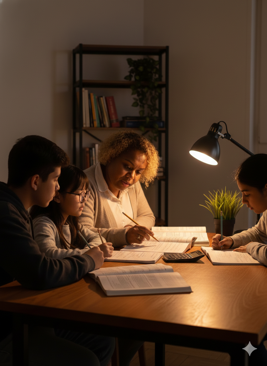Professora auxiliando estudantes em uma mesa de estudos